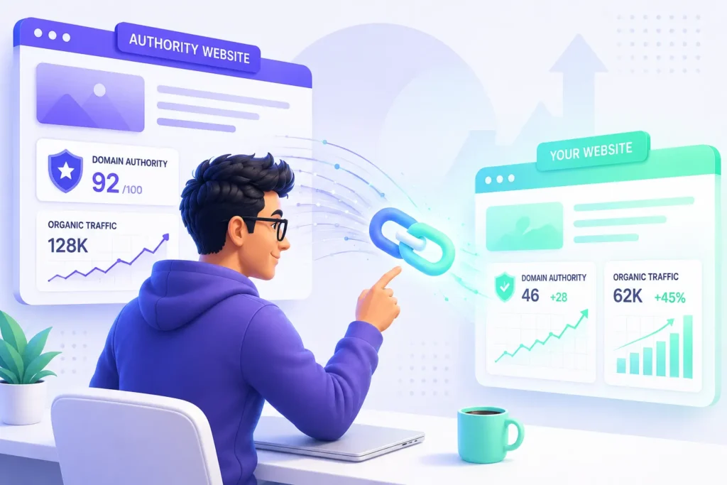 An illustration of a man pointing to a backlink connecting a high Domain Authority 'Authority Website' to 'Your Website', showing a growth in metrics.