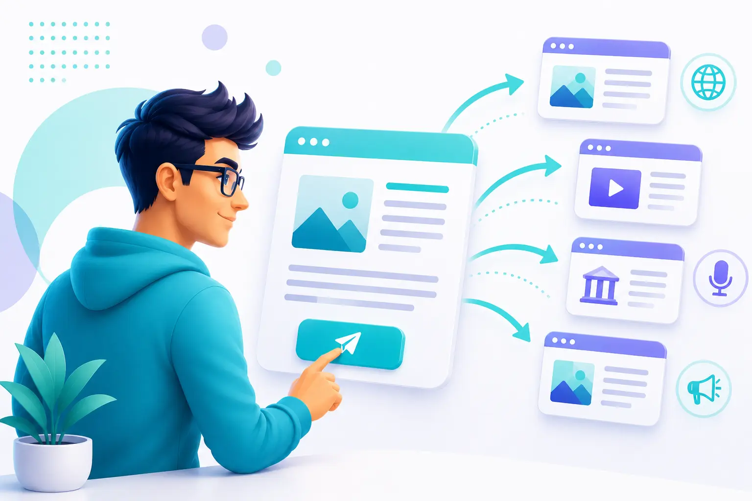 An illustration of a man clicking a send button to distribute a digital press release document to multiple media and news outlets.