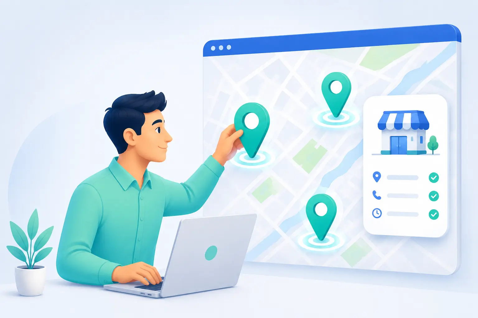 A man at a laptop is placing a map pin on a digital map, with verified checkmarks and shield icons representing how citation building builds trust for Google Maps rankings.