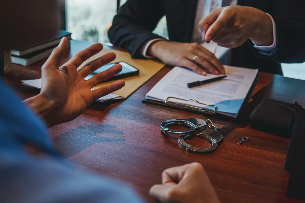 A close-up view of a legal consultation across a wooden table featuring a pair of metal handcuffs, case documents, and a lawyer pointing toward a client, representing criminal defense lawyers.