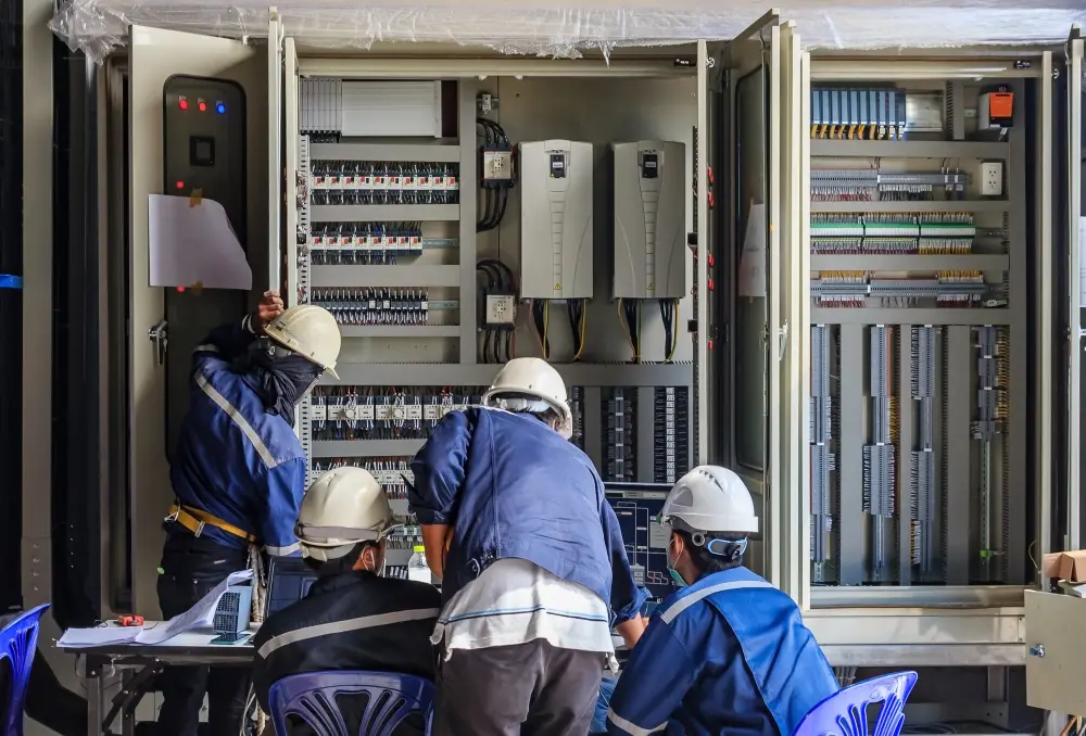 A team of technicians wearing white hard hats and blue uniforms inspects a large industrial electrical control panel with complex wiring, representing professional electricians.