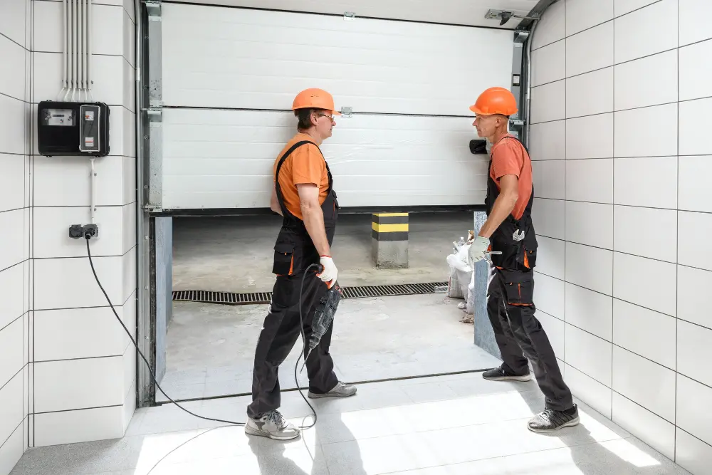 Two technicians in orange hard hats and dark overalls handle a power tool while installing a white sectional overhead door, representing a professional garage door company.