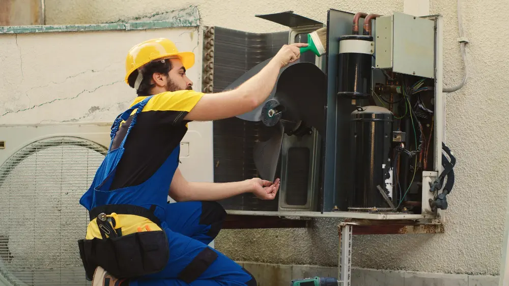 A technician in a yellow hard hat and blue overalls cleans the internal fan and compressor of an outdoor air conditioning unit, representing professional HVAC contractors