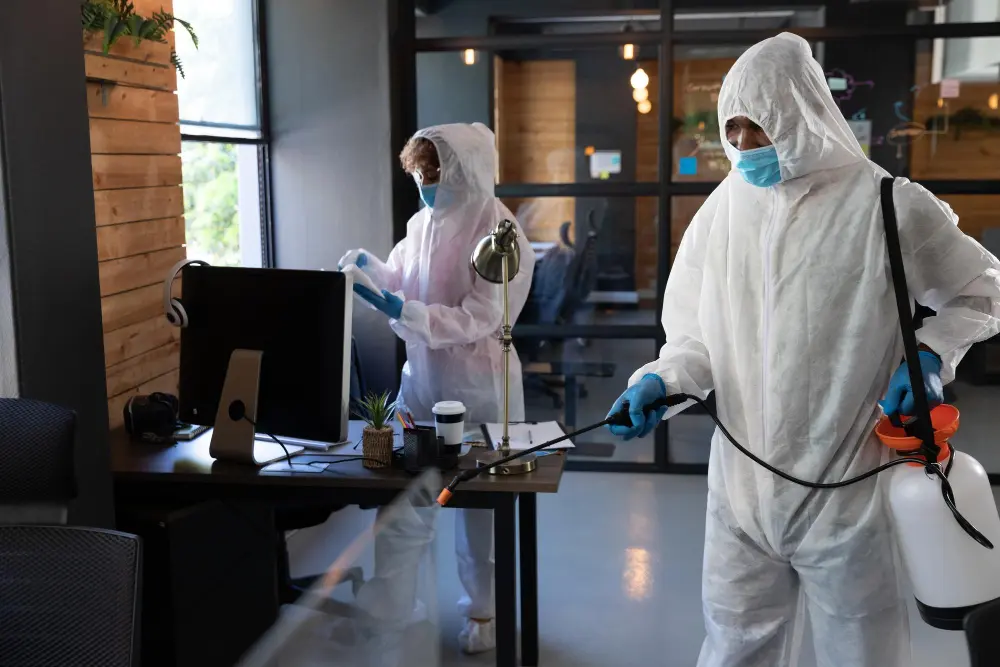 Two technicians wearing white hazmat suits, masks, and gloves use a pressurized sprayer to treat a modern office workstation, representing a professional pest control company.