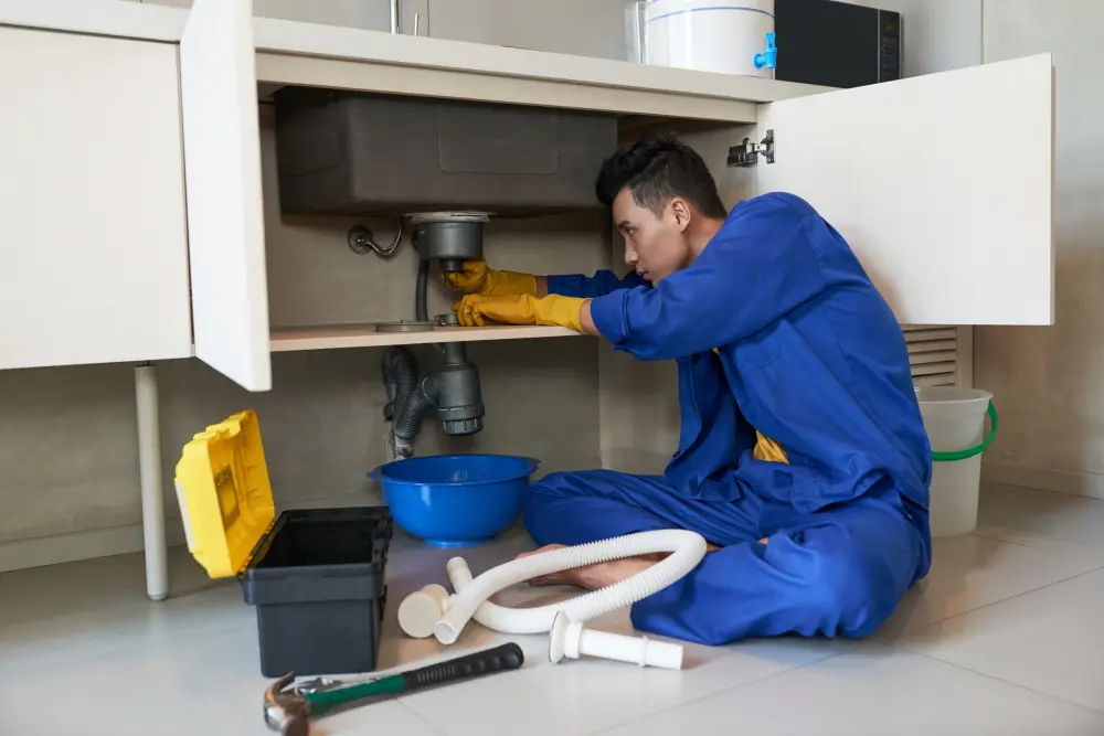 A plumber in blue overalls and yellow gloves fixing a kitchen sink drain with tools and a blue basin on the floor, illustrating a professional plumbing service.